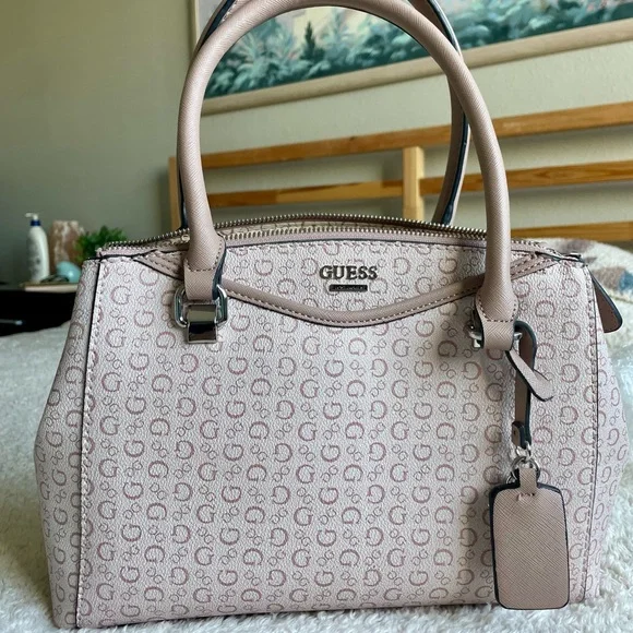 GUESS Blush Pink Allover Logo Monogram Satchel Hand Bag Purse - Picture 1 of 13
